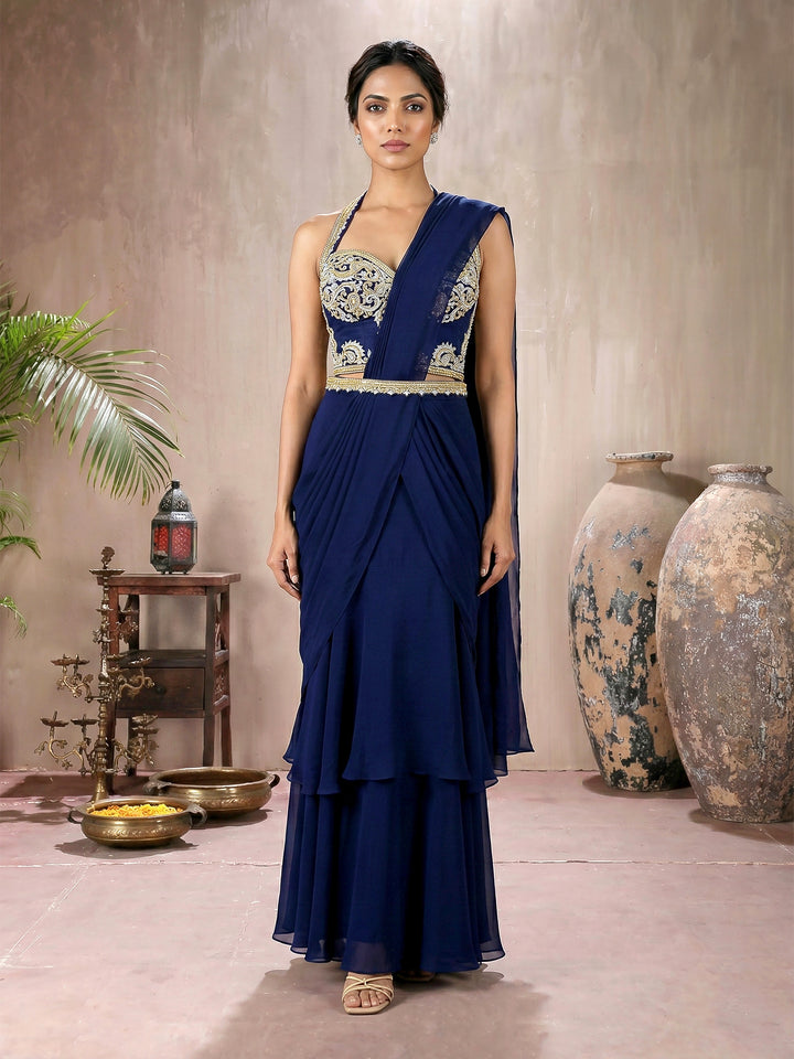 Navy Net Blouse With 2 Layer Drape Saree and Belt
