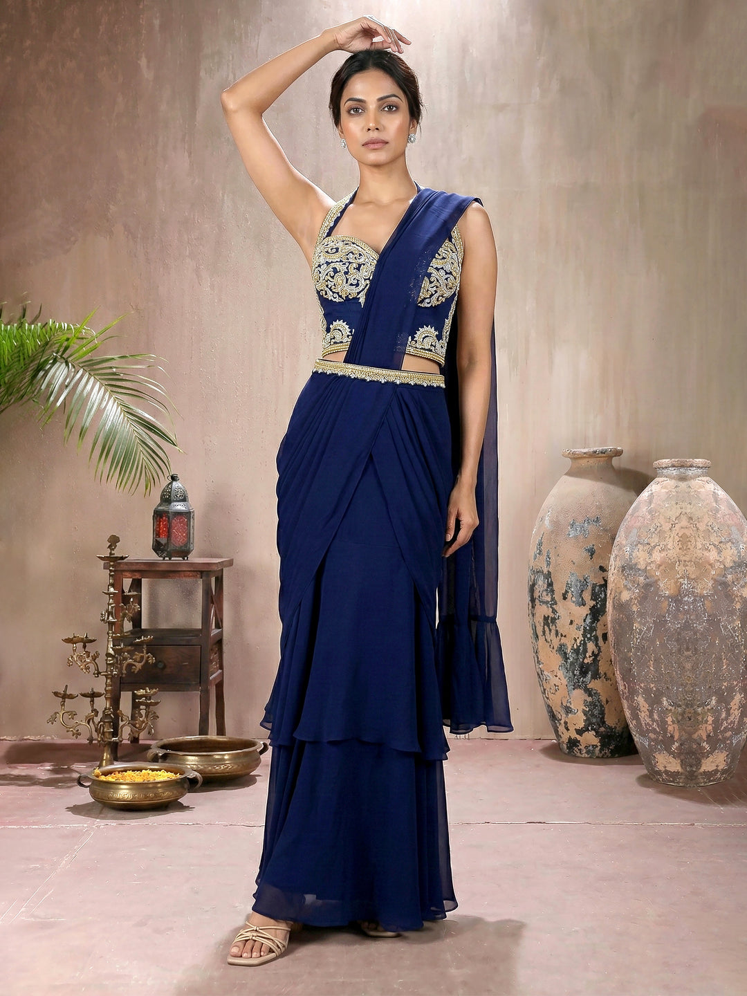 Navy Net Blouse With 2 Layer Drape Saree and Belt