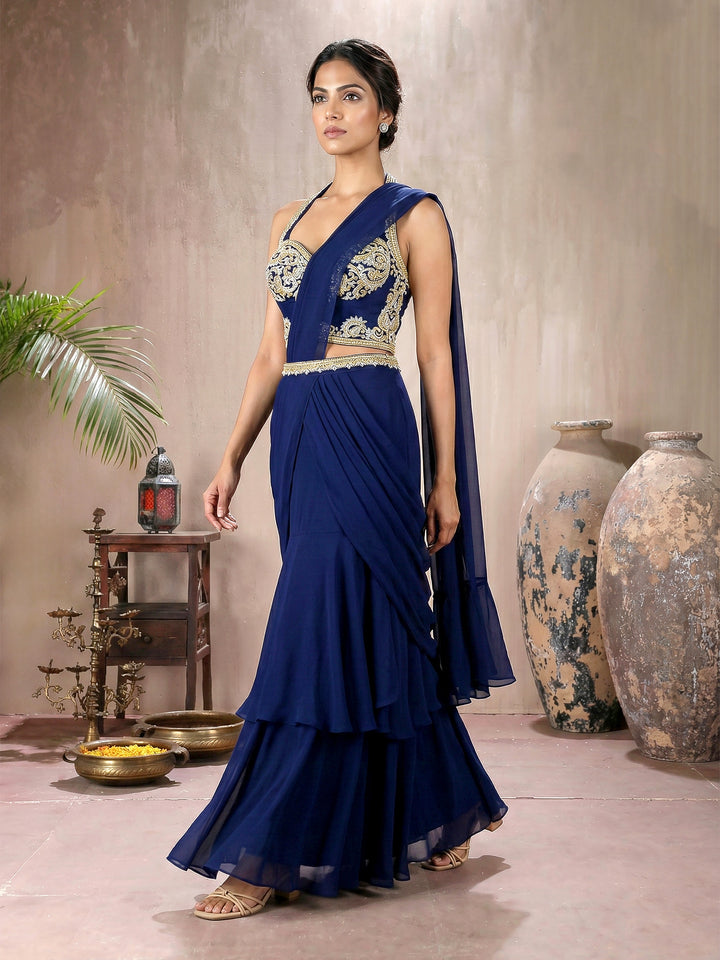 Navy Net Blouse With 2 Layer Drape Saree and Belt
