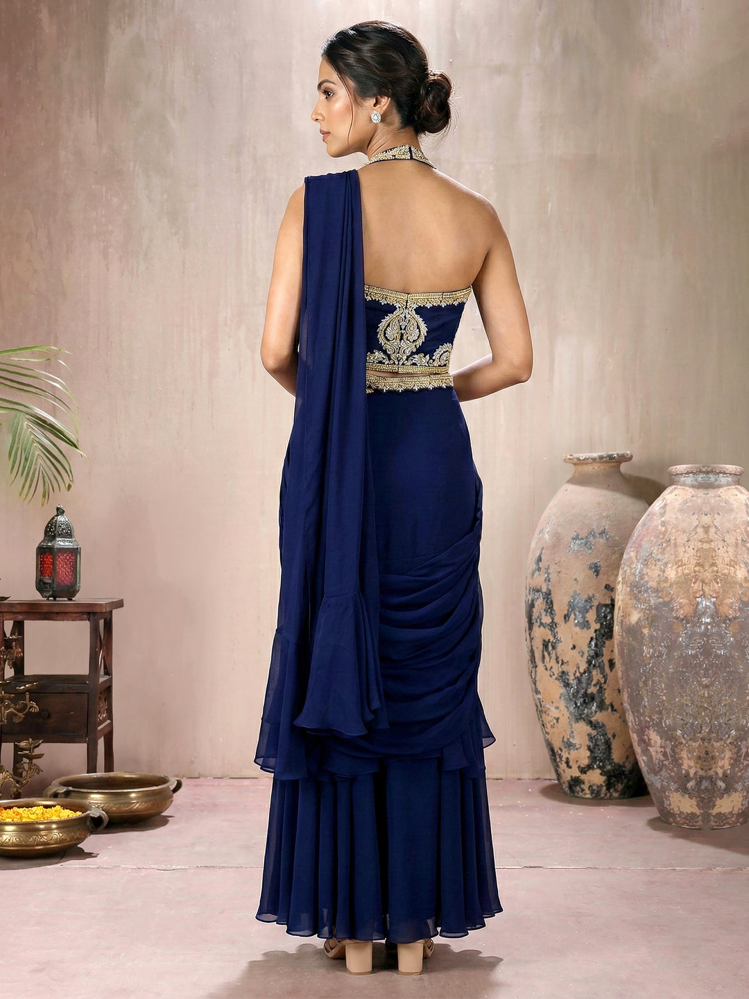 Navy Net Blouse With 2 Layer Drape Saree and Belt