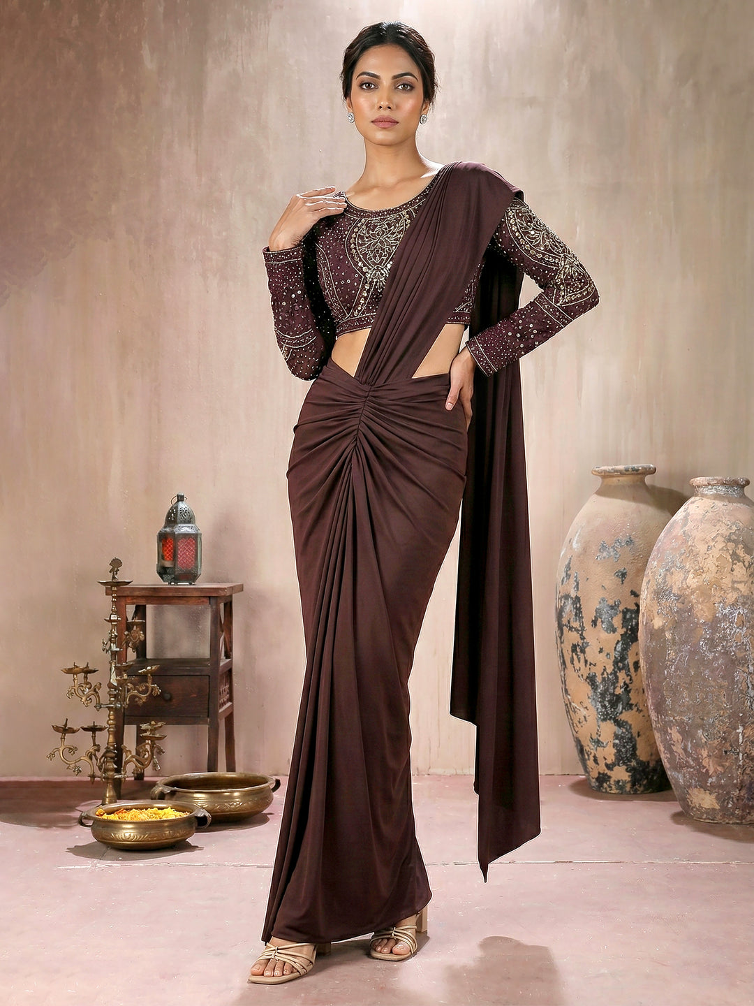 Brown Blouse with Lycra Drape Saree