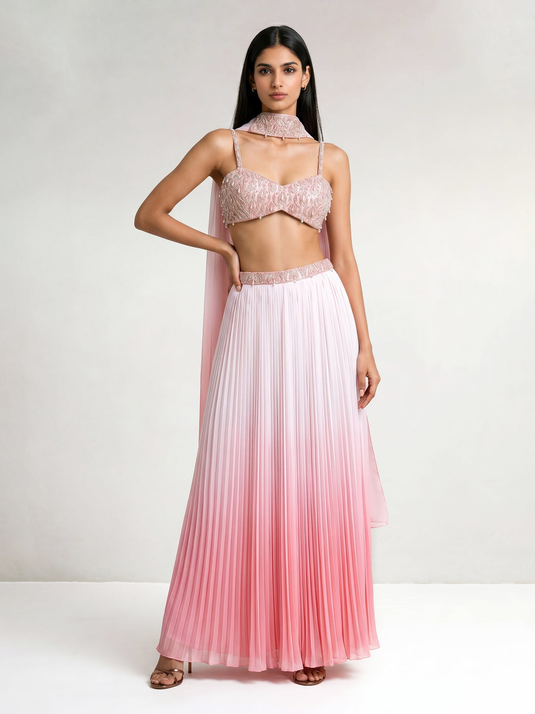 Pink Ombre Embroidered Bralette with Pleated Skirt & Dupatta Set