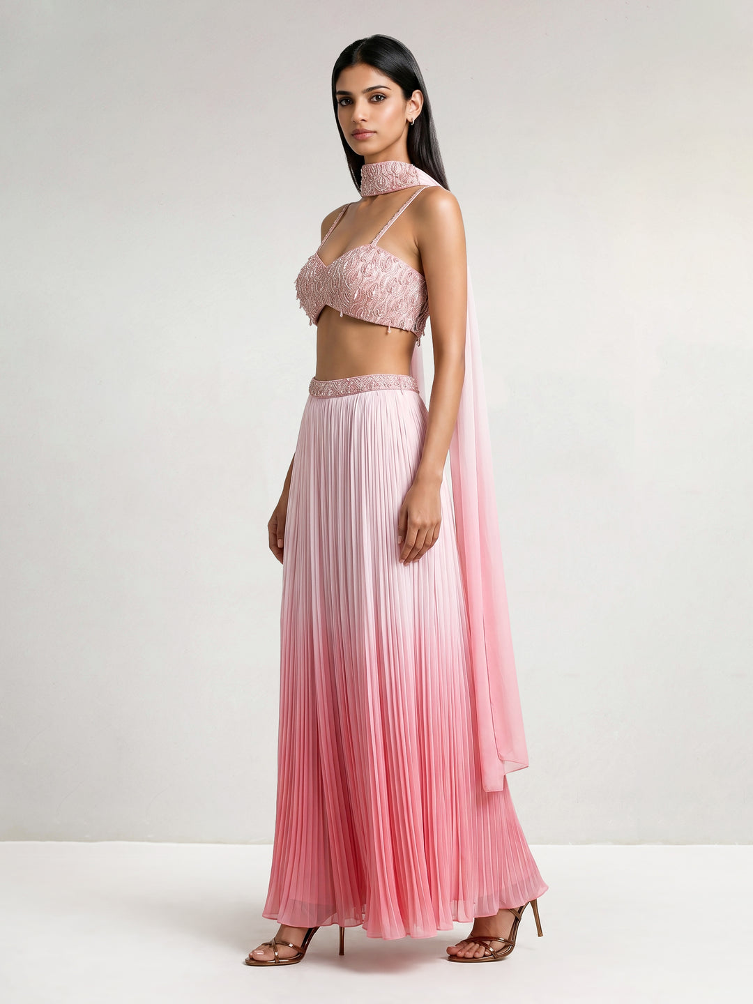 Pink Ombre Embroidered Bralette with Pleated Skirt & Dupatta Set