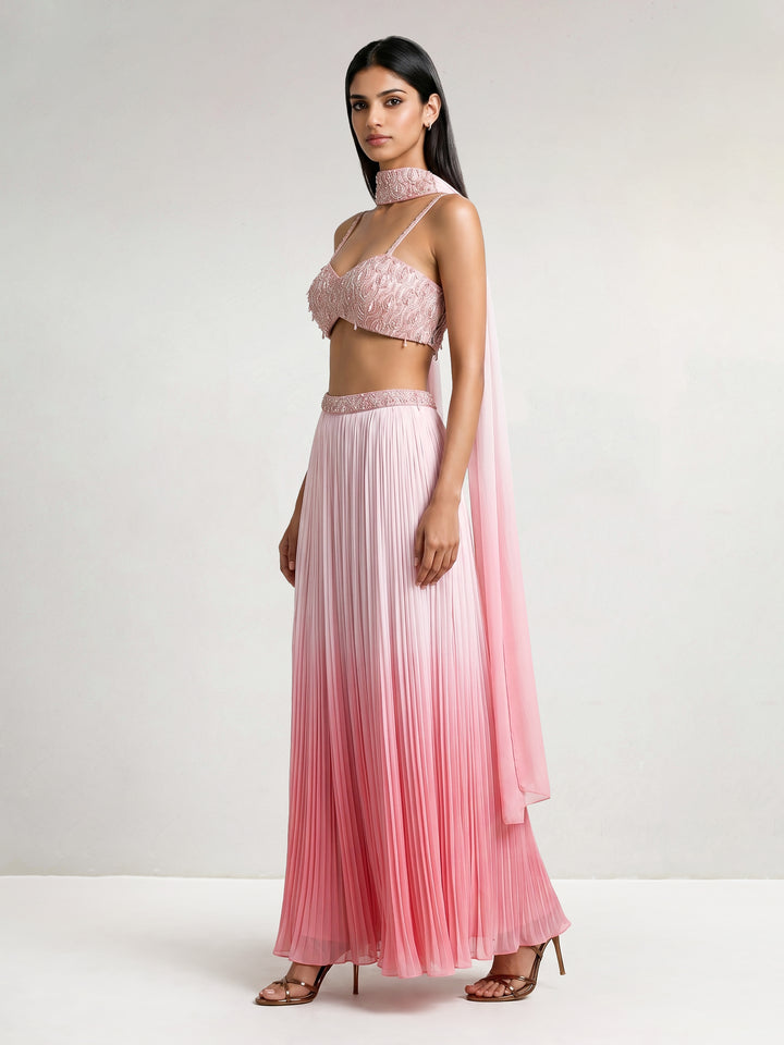 Pink Ombre Embroidered Bralette with Pleated Skirt & Dupatta Set