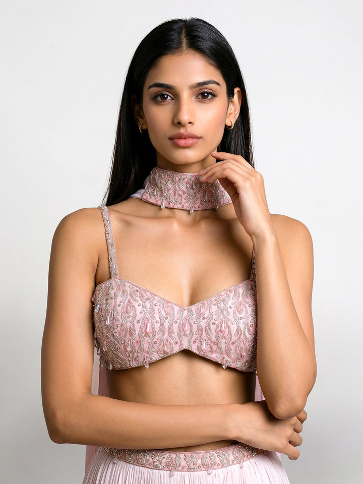 Pink Ombre Embroidered Bralette with Pleated Skirt & Dupatta Set