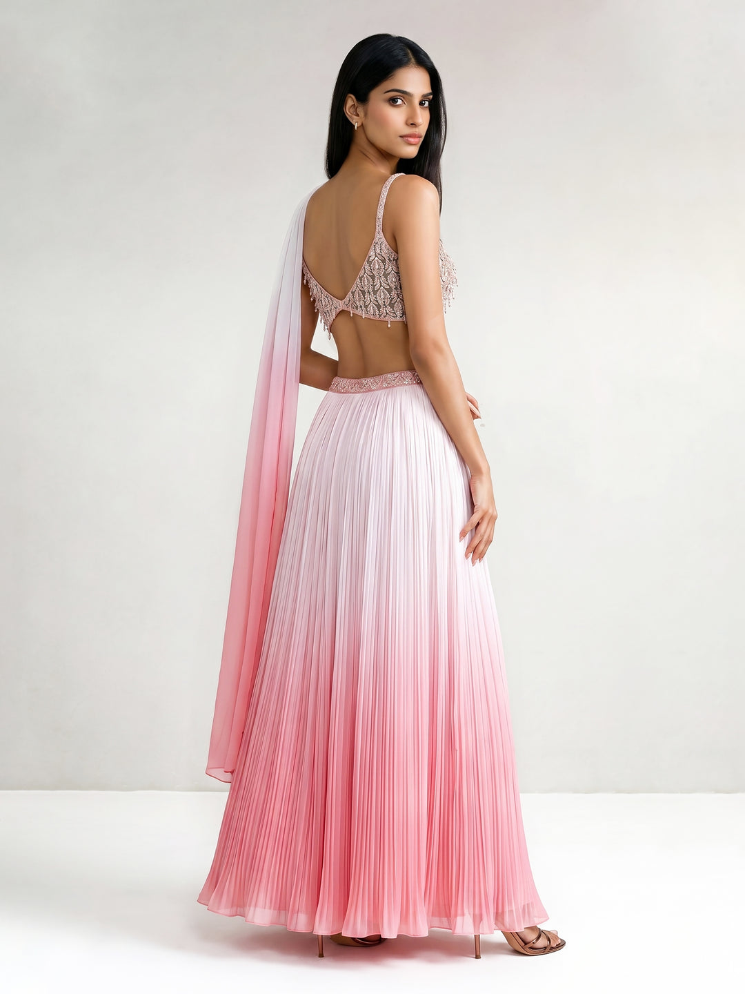 Pink Ombre Embroidered Bralette with Pleated Skirt & Dupatta Set