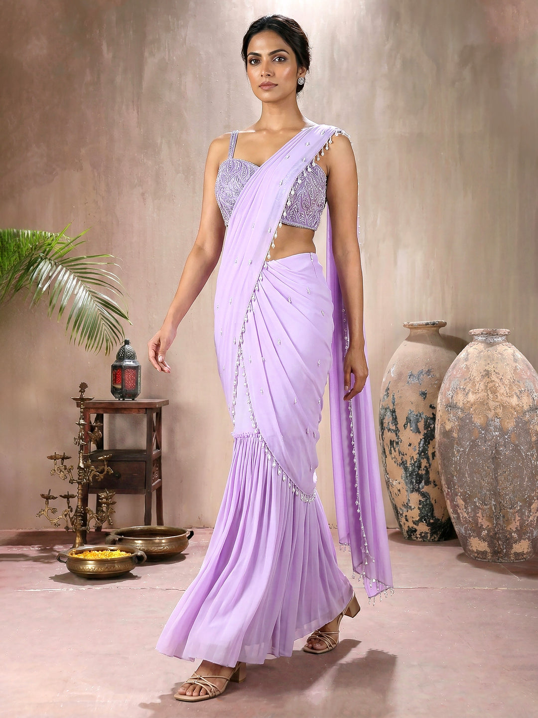 Lilac Pearl Blouse with Drape Saree
