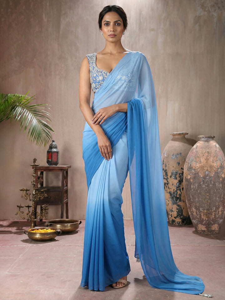 Blue Blouse with Ombre Blue Drape Saree