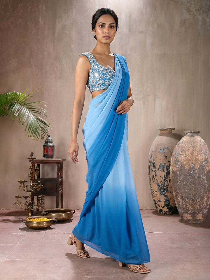 Blue Blouse with Ombre Blue Drape Saree