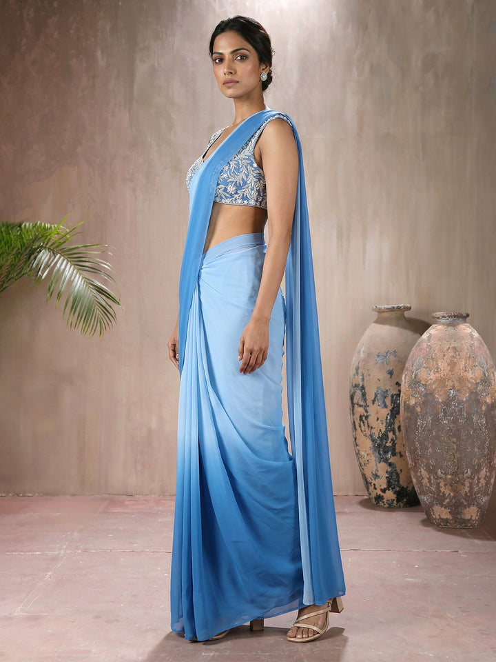 Blue Blouse with Ombre Blue Drape Saree