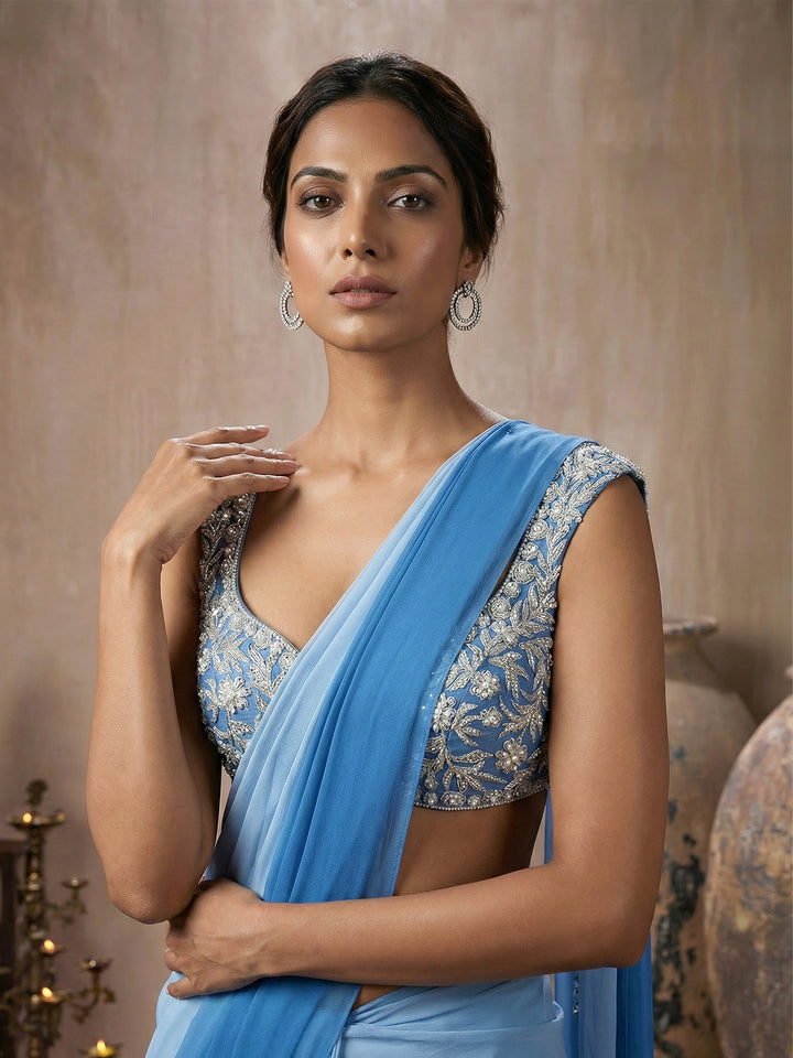 Blue Blouse with Ombre Blue Drape Saree