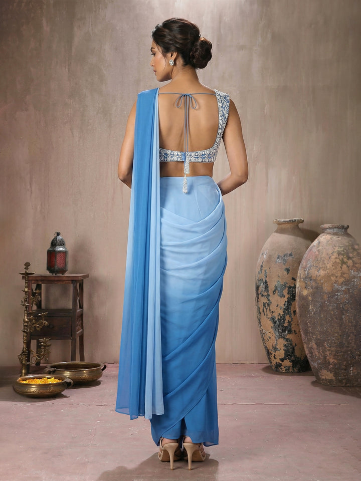 Blue Blouse with Ombre Blue Drape Saree