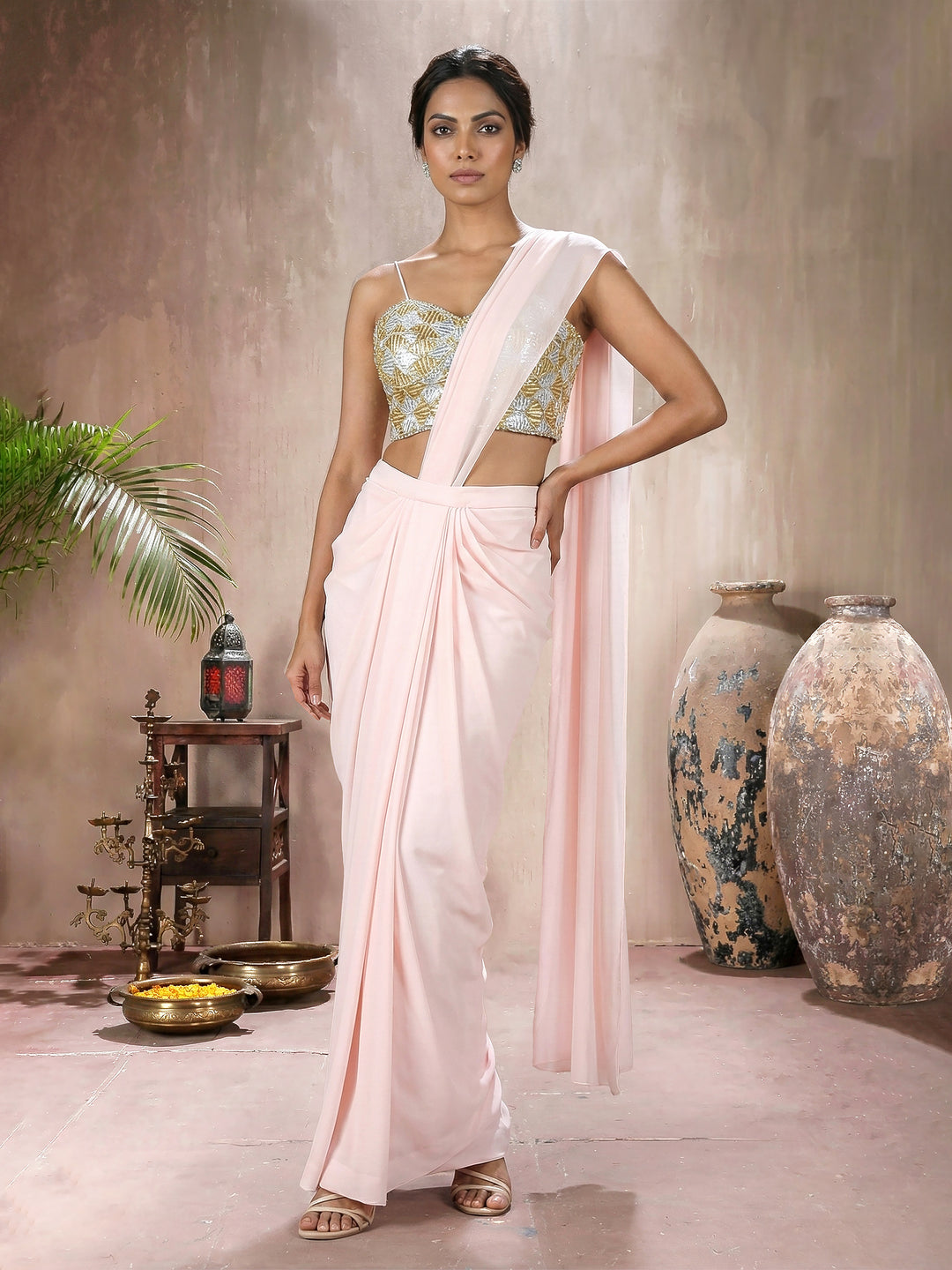 Pink Blouse with Lycra Drape Saree