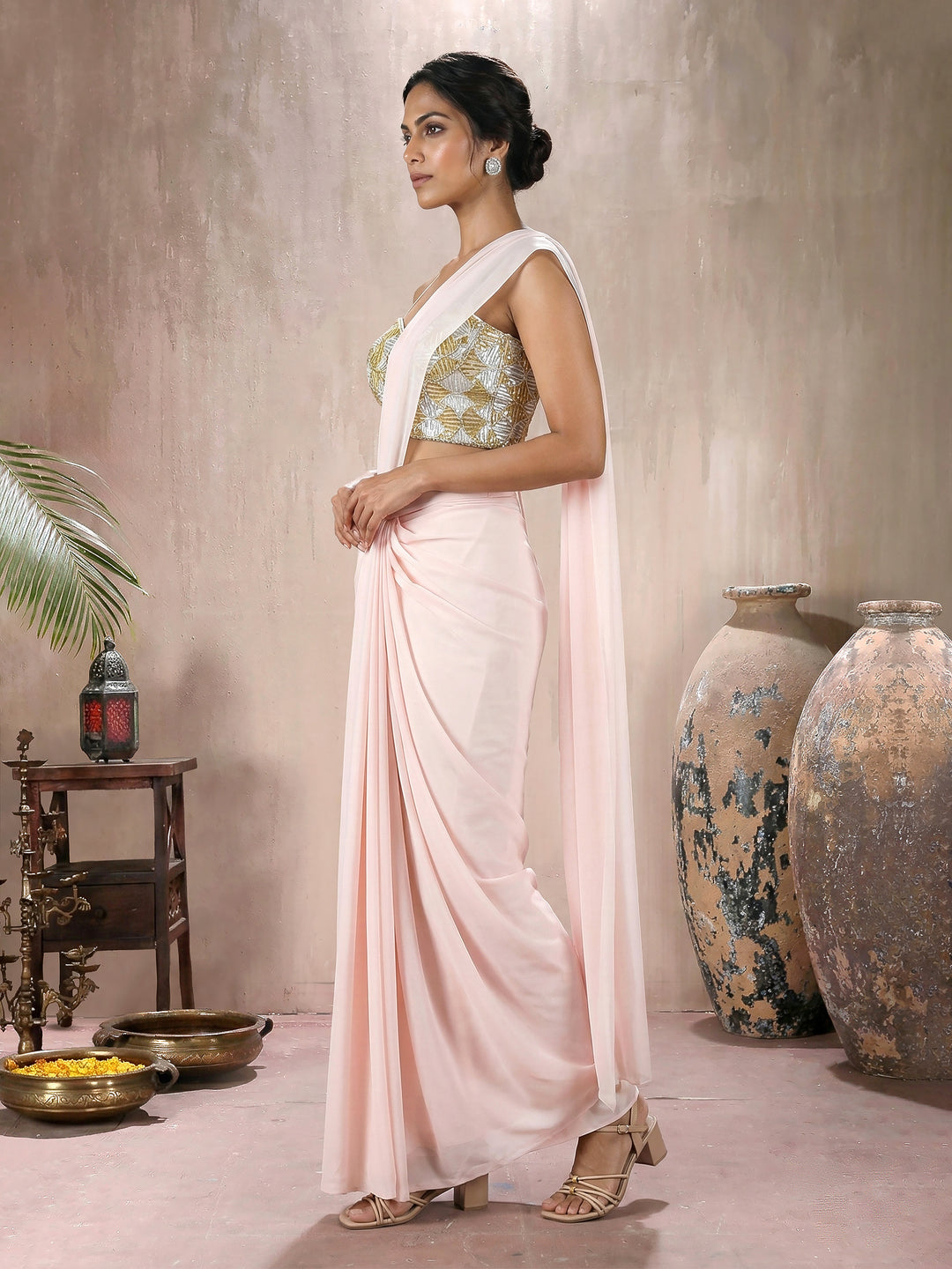 Pink Blouse with Lycra Drape Saree
