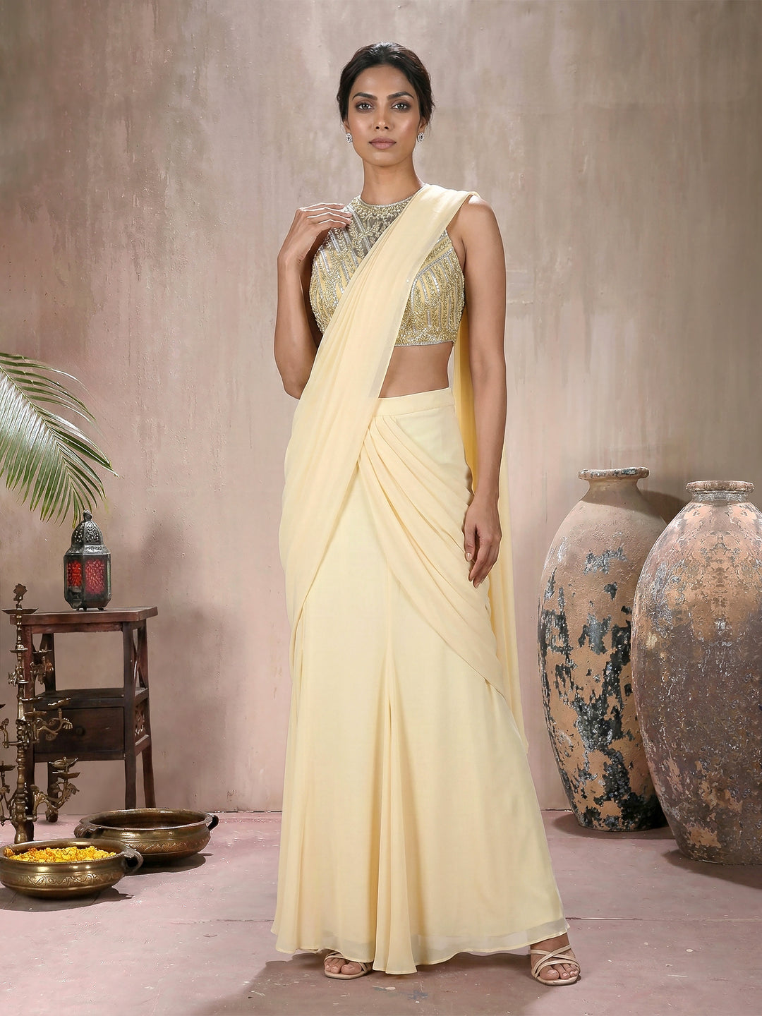 Cream Gold Blouse with 6 Kali Mermaid Drape Saree