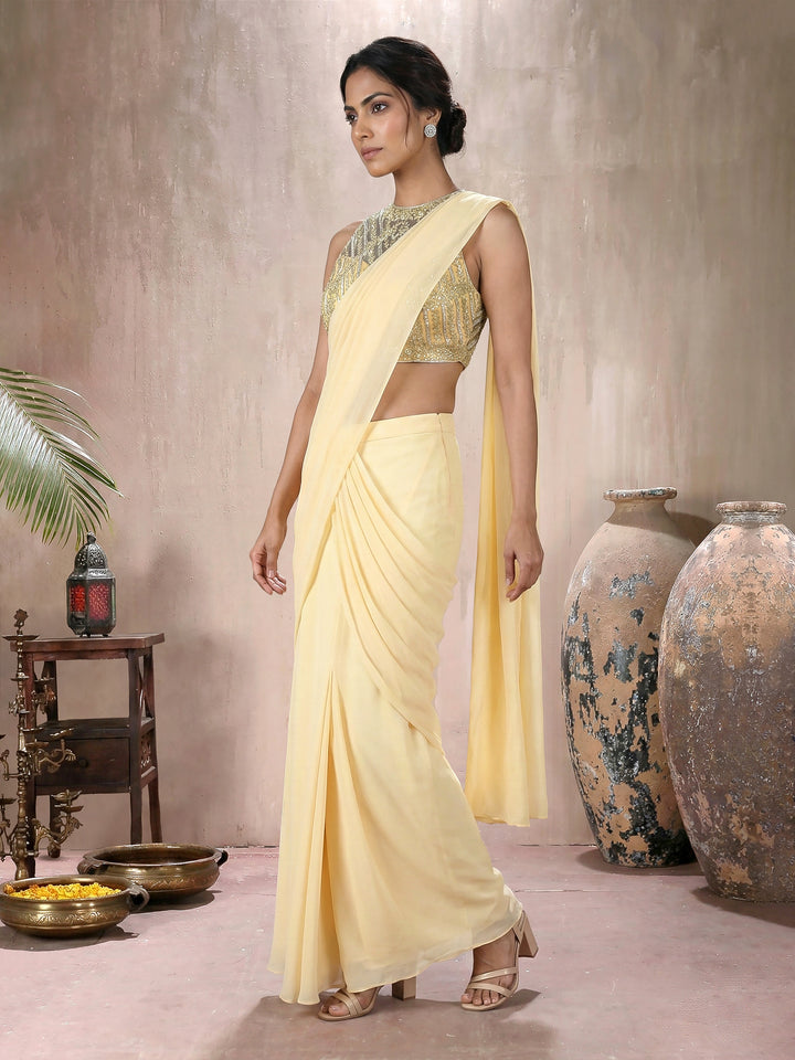 Cream Gold Blouse with 6 Kali Mermaid Drape Saree