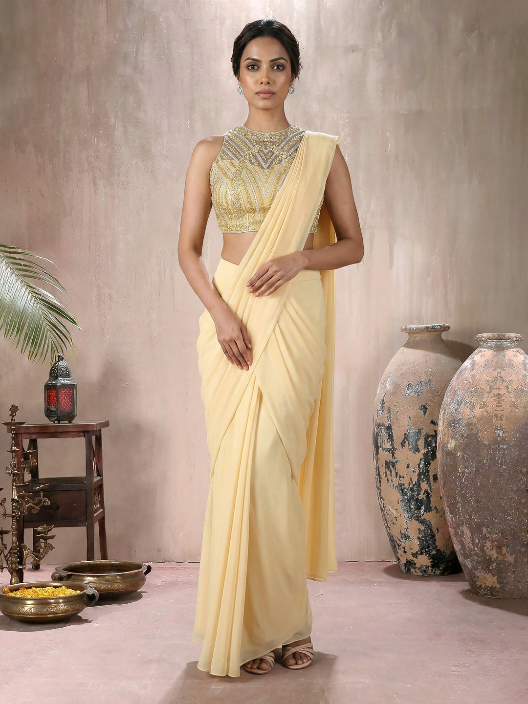 Cream Gold Blouse with 6 Kali Mermaid Drape Saree