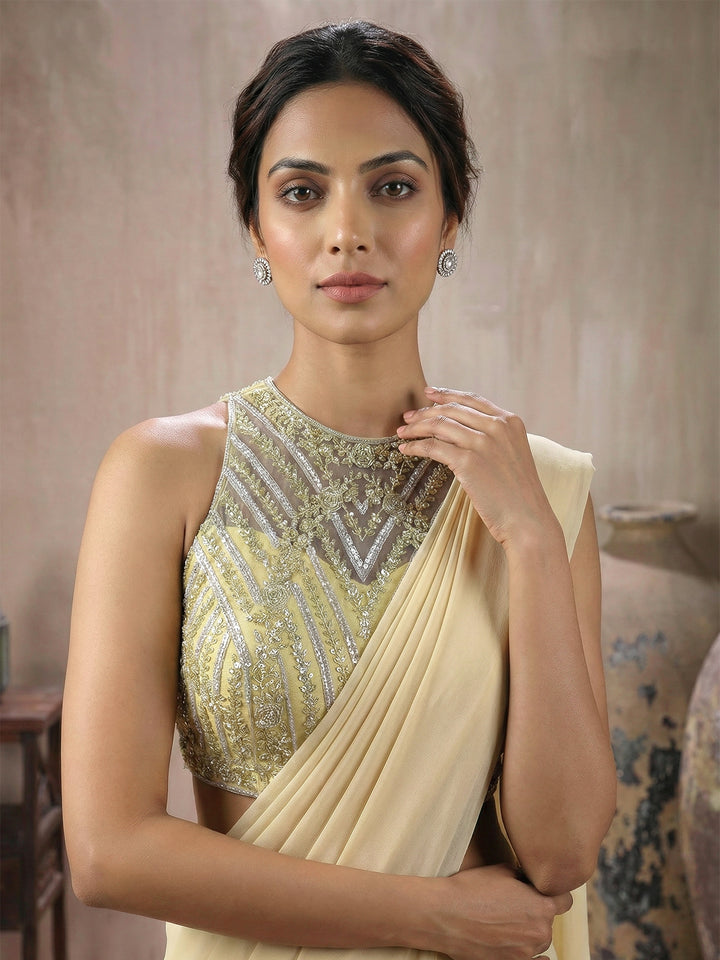 Cream Gold Blouse with 6 Kali Mermaid Drape Saree