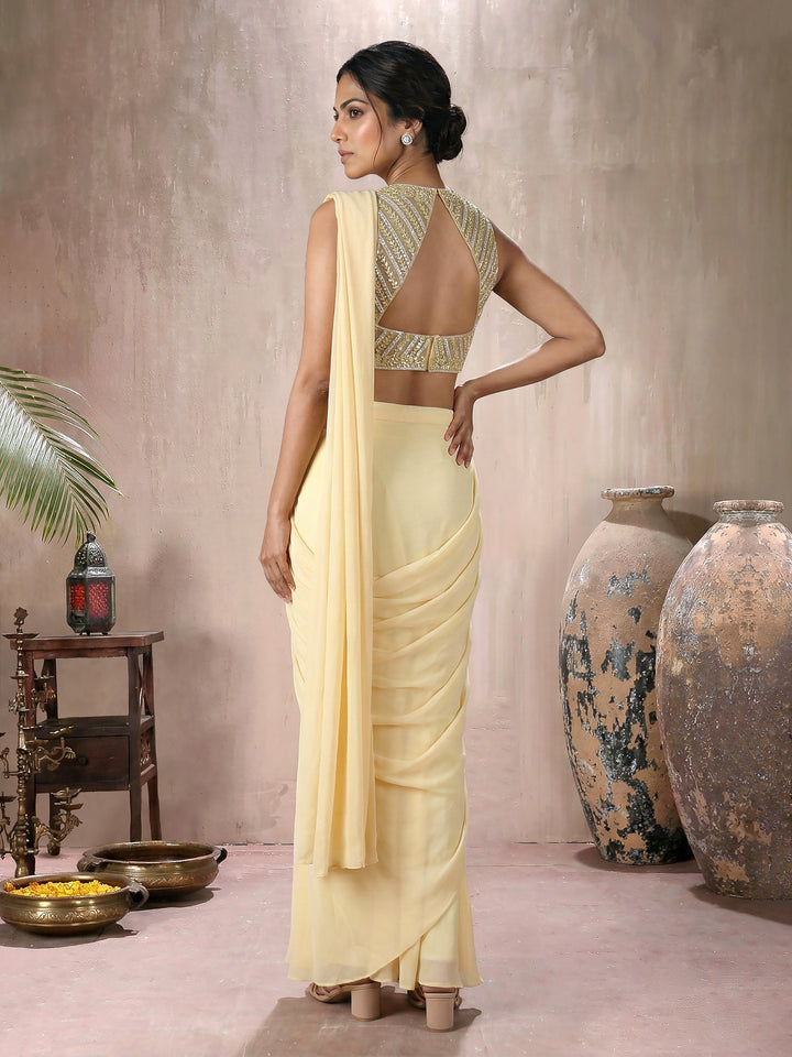 Cream Gold Blouse with 6 Kali Mermaid Drape Saree