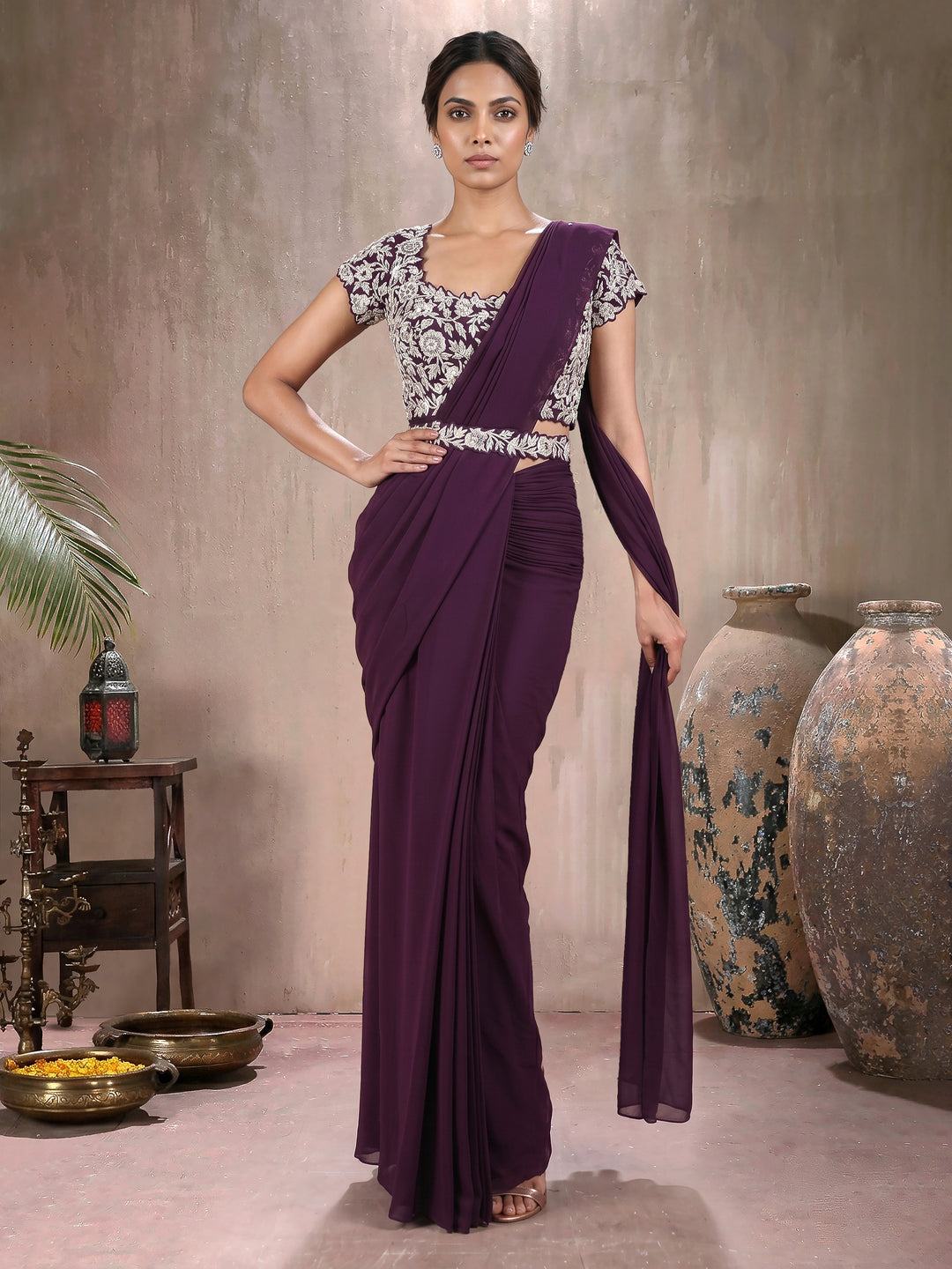 Wine Knot Blouse with Hip Ruched Saree