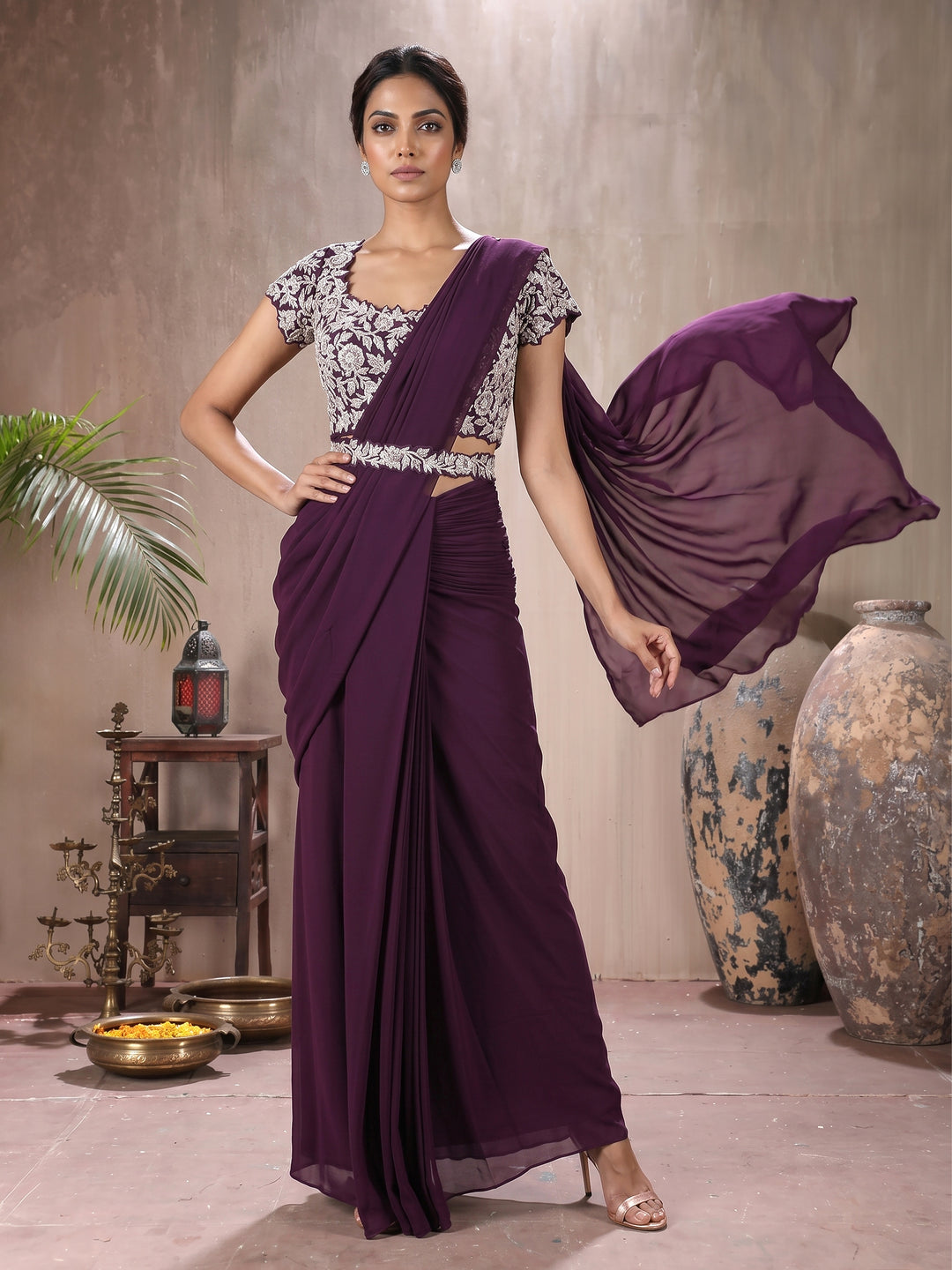 Wine Knot Blouse with Hip Ruched Saree