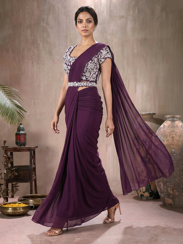 Wine Knot Blouse with Hip Ruched Saree