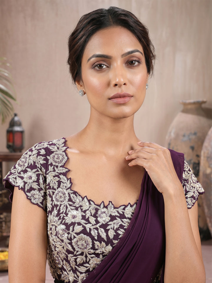 Wine Knot Blouse with Hip Ruched Saree