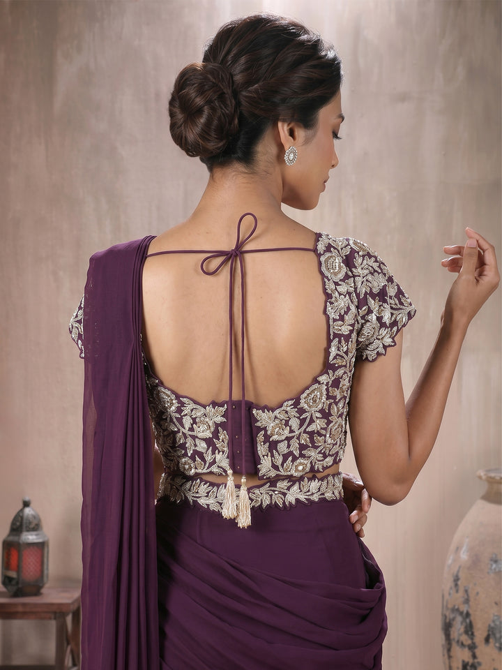 Wine Knot Blouse with Hip Ruched Saree