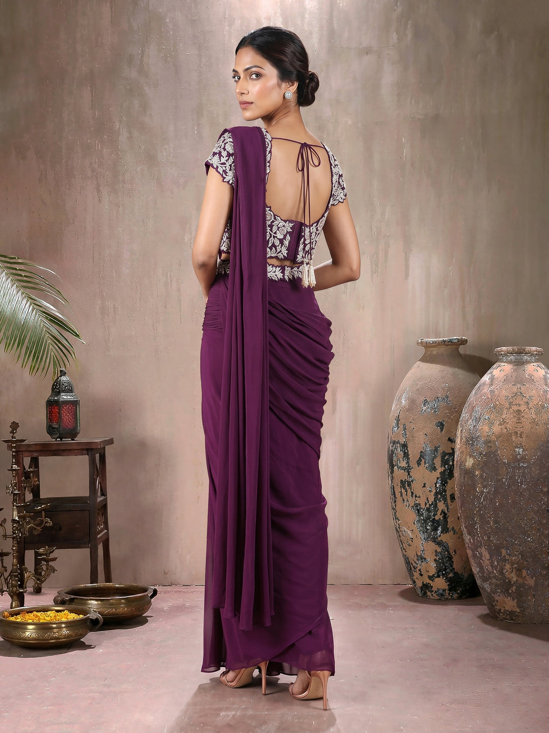 Wine Knot Blouse with Hip Ruched Saree