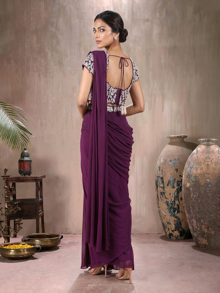 Wine Knot Blouse with Hip Ruched Saree