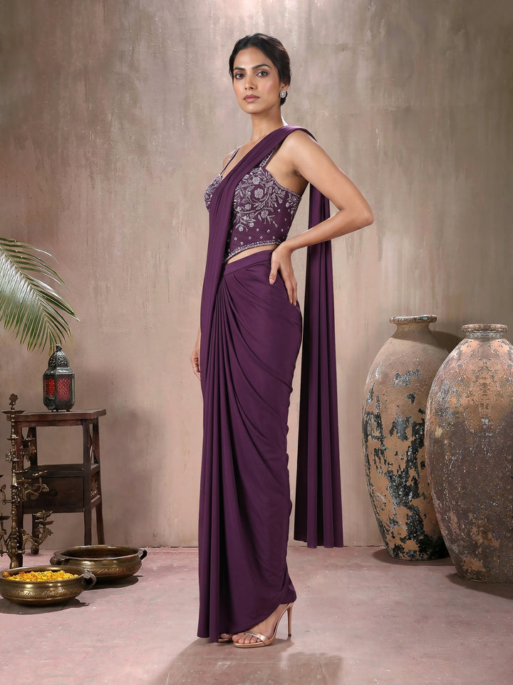 Wine Blouse with Lycra Drape Saree