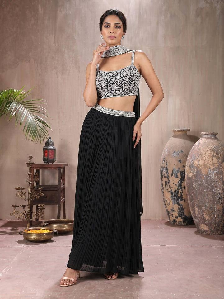 Black Embroidered Pleated Skirt Set with Belt and Dupatta