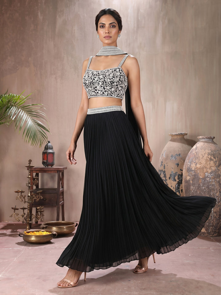 Black Embroidered Pleated Skirt Set with Belt and Dupatta