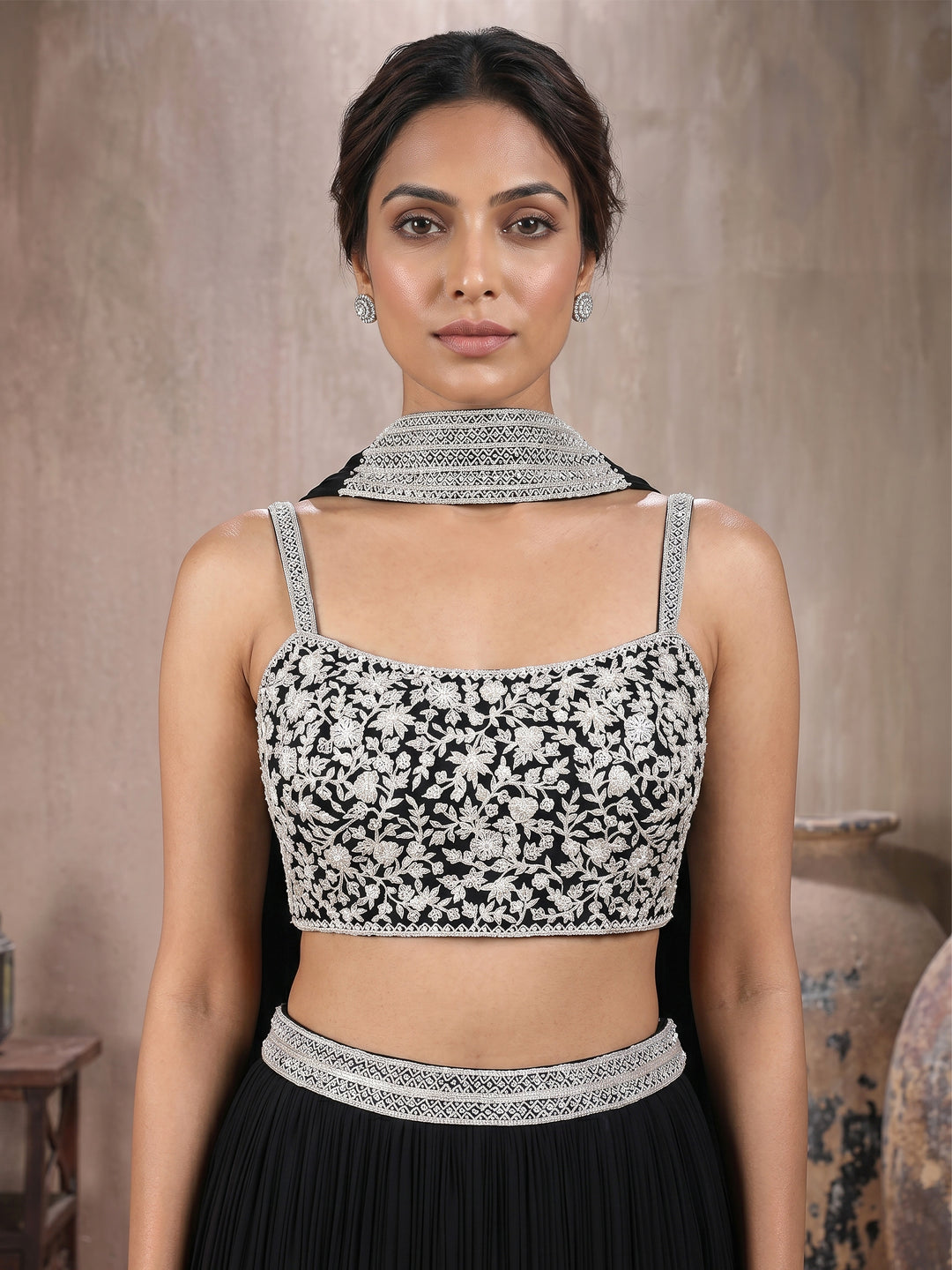 Black Embroidered Pleated Skirt Set with Belt and Dupatta