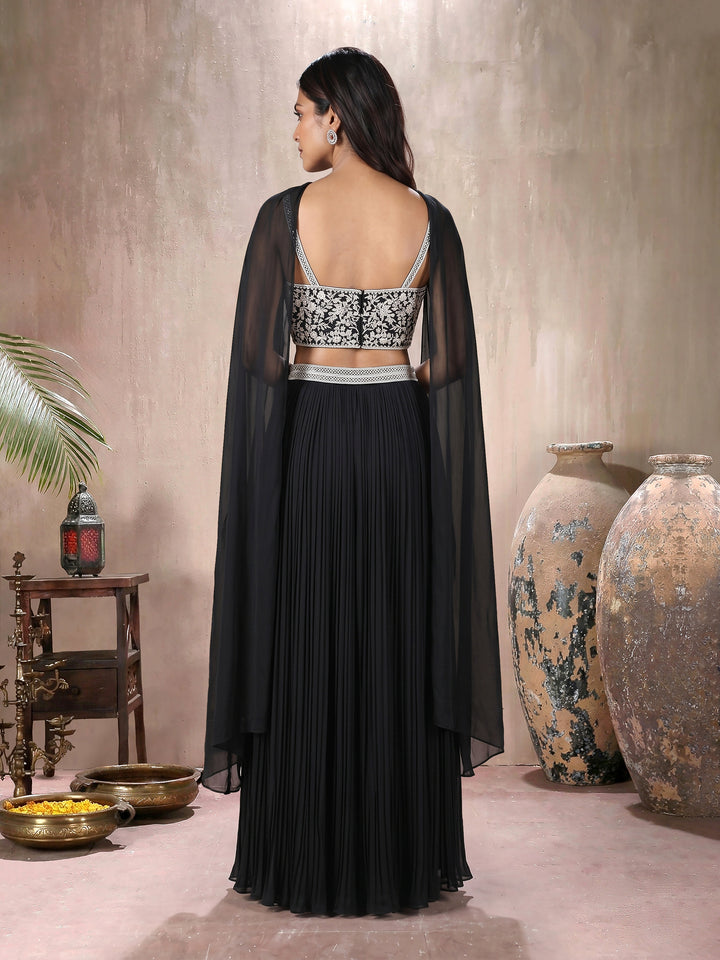 Black Embroidered Pleated Skirt Set with Belt and Dupatta