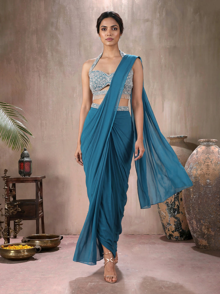 Teal Blouse with Drape Saree and Belt
