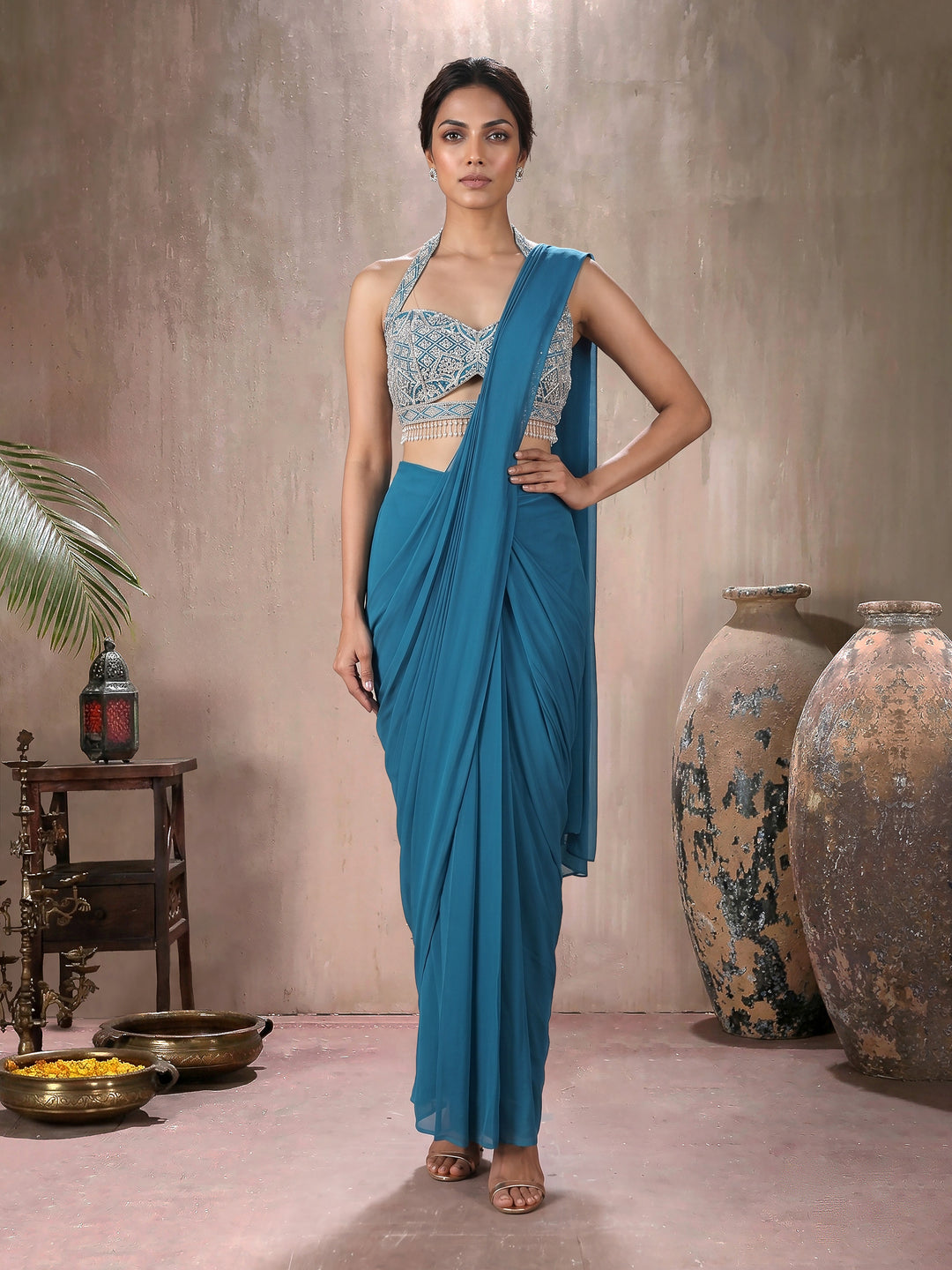 Teal Blouse with Drape Saree and Belt