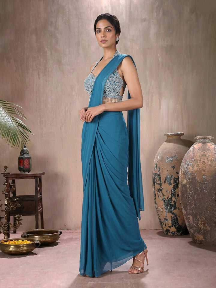 Teal Blouse with Drape Saree and Belt