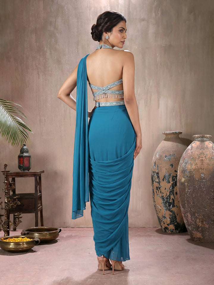 Teal Blouse with Drape Saree and Belt