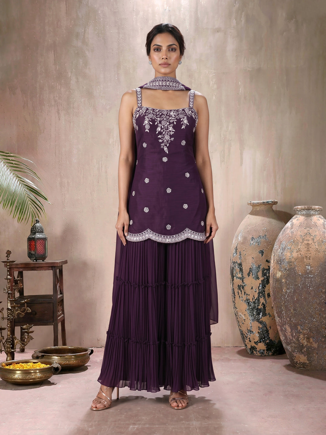 Wine Embroidered Net Kurta with Pleated Sharara & Choker Dupatta Set