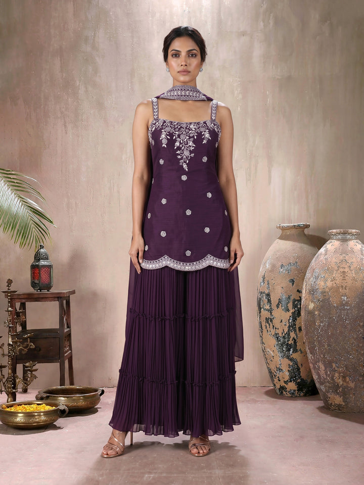 Wine Embroidered Net Kurta with Pleated Sharara & Choker Dupatta Set