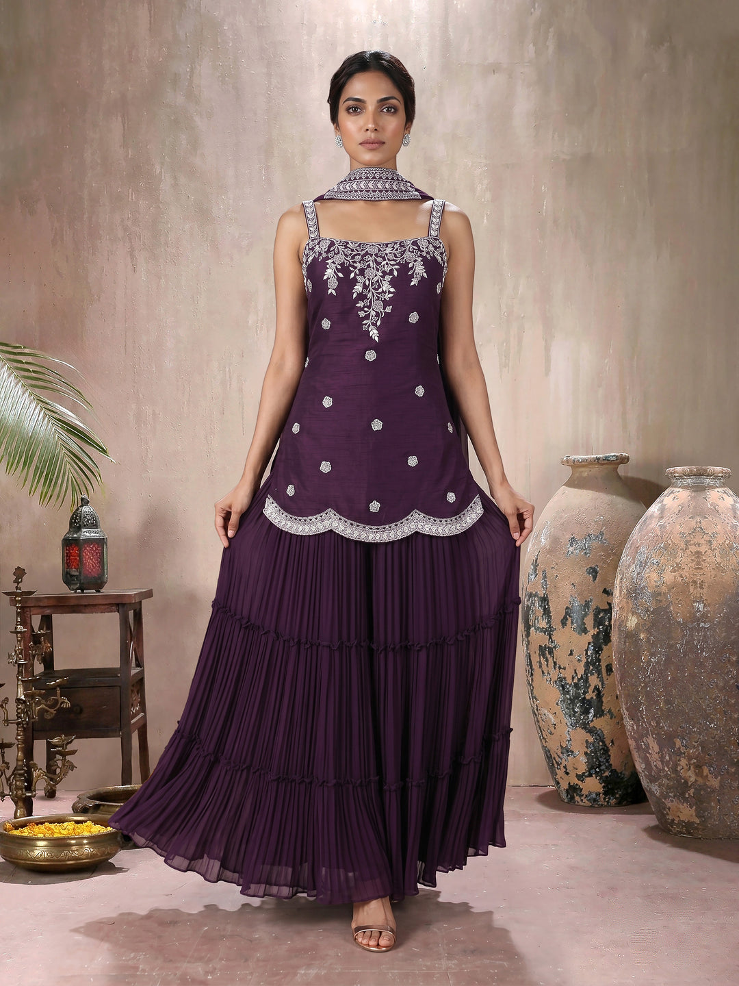 Wine Embroidered Net Kurta with Pleated Sharara & Choker Dupatta Set