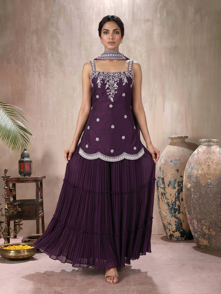 Wine Embroidered Net Kurta with Pleated Sharara & Choker Dupatta Set