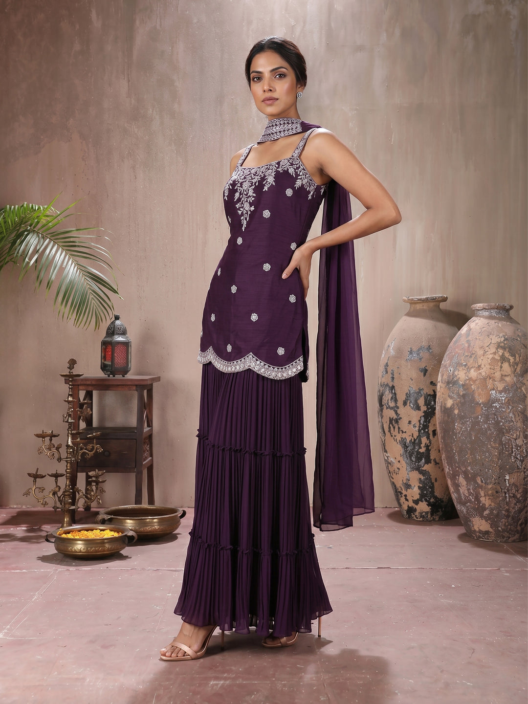 Wine Embroidered Net Kurta with Pleated Sharara & Choker Dupatta Set