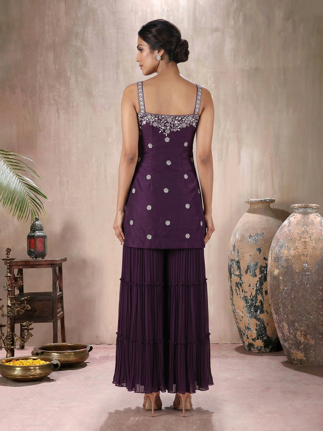 Wine Embroidered Net Kurta with Pleated Sharara & Choker Dupatta Set