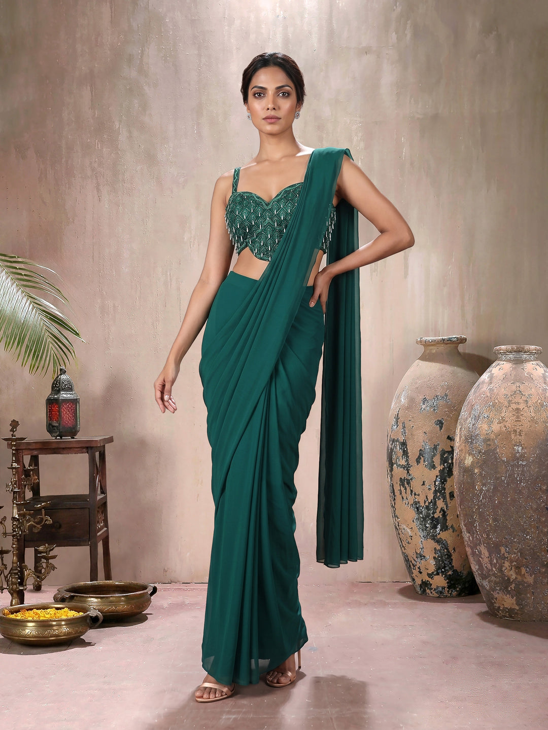 Emerald Green Drape Saree with Tassel Embroidered  Blouse