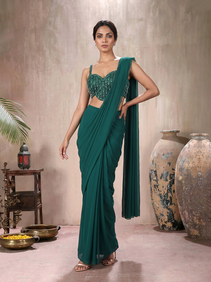 Emerald Green Drape Saree with Tassel Embroidered  Blouse