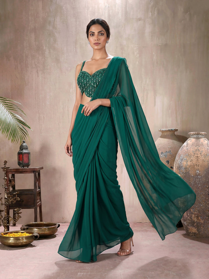 Emerald Green Drape Saree with Tassel Embroidered  Blouse