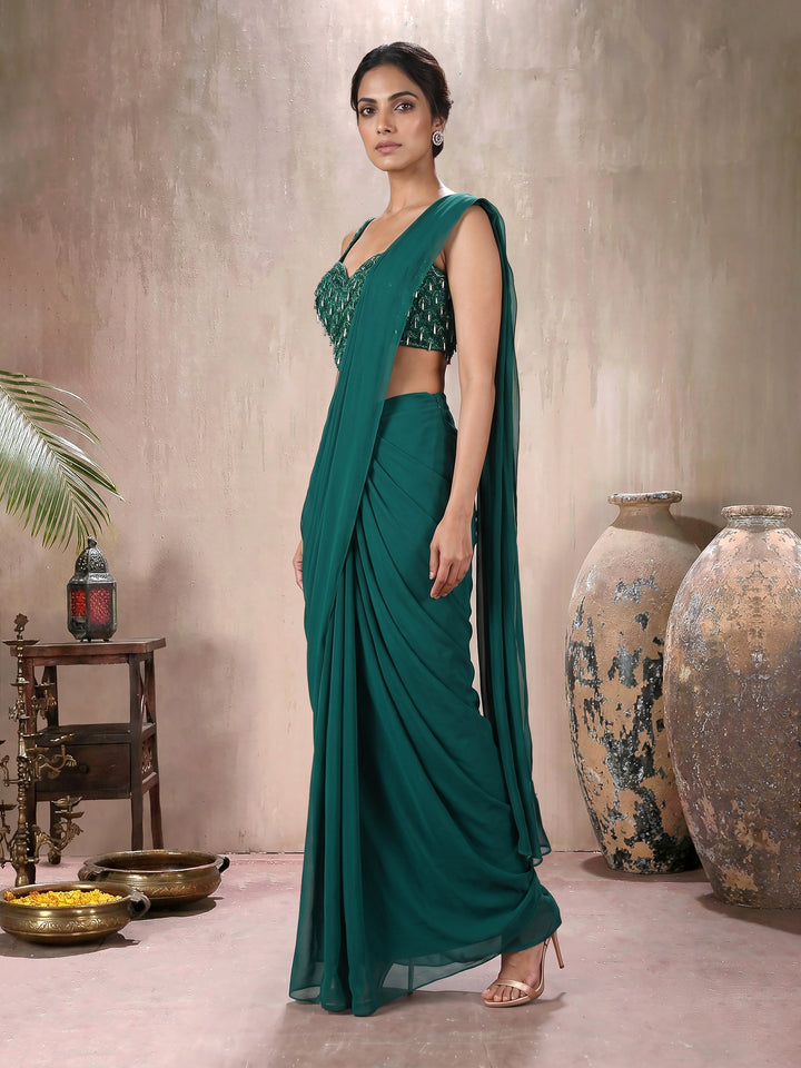 Emerald Green Drape Saree with Tassel Embroidered  Blouse