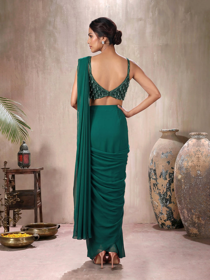 Emerald Green Drape Saree with Tassel Embroidered  Blouse